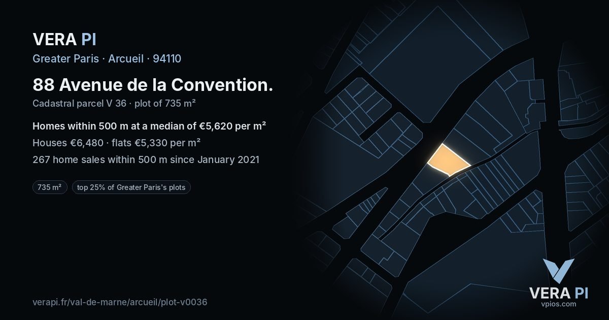 88 Avenue de la Convention, Arcueil at night – the plot lit, the parcels around coloured by the prices near them