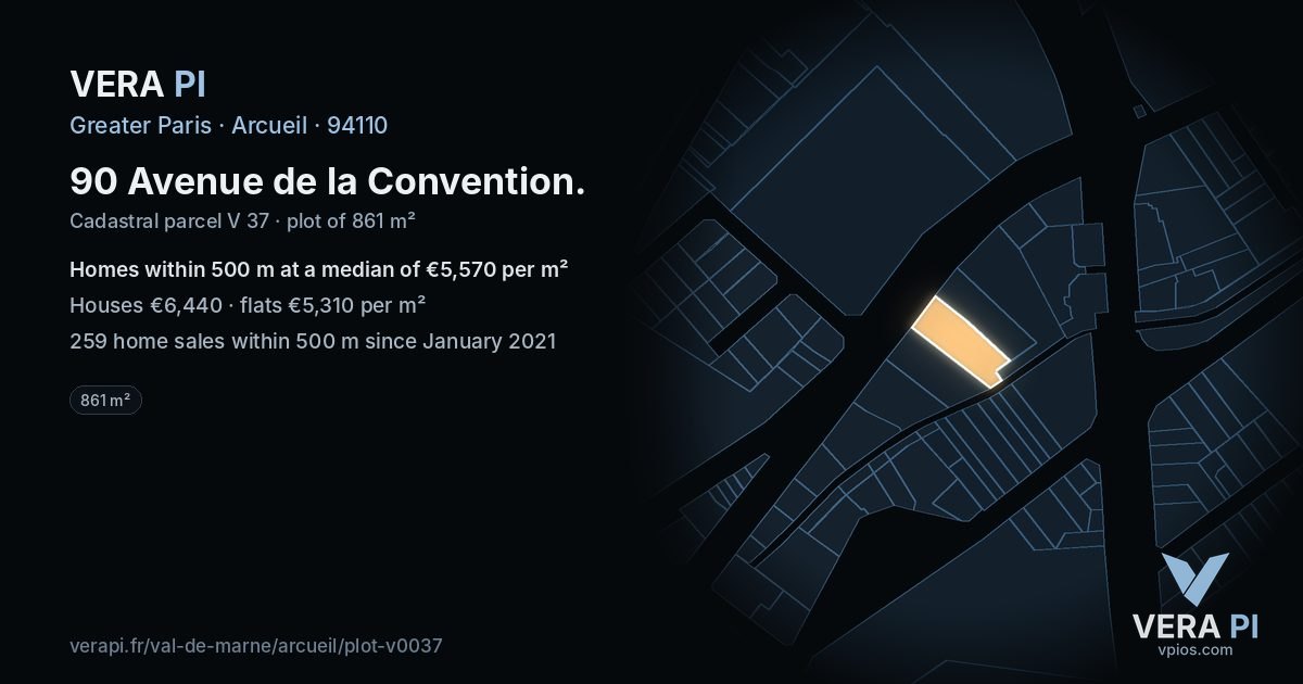 90 Avenue de la Convention, Arcueil at night – the plot lit, the parcels around coloured by the prices near them