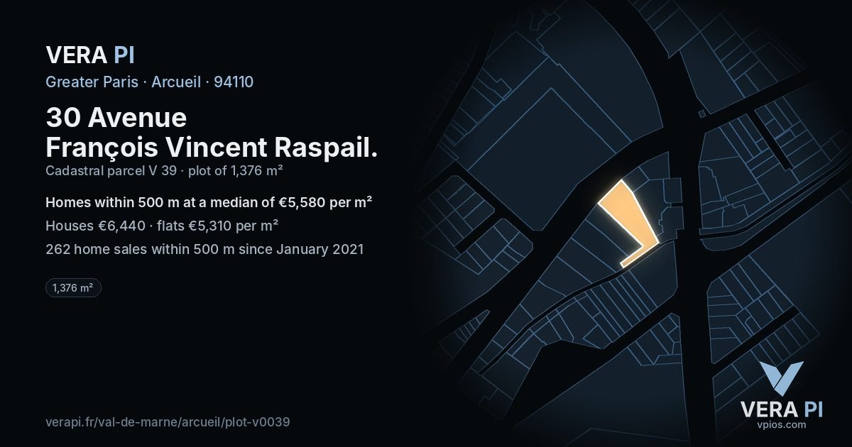 30 Avenue François Vincent Raspail, Arcueil at night – the plot lit, the parcels around coloured by the prices near them