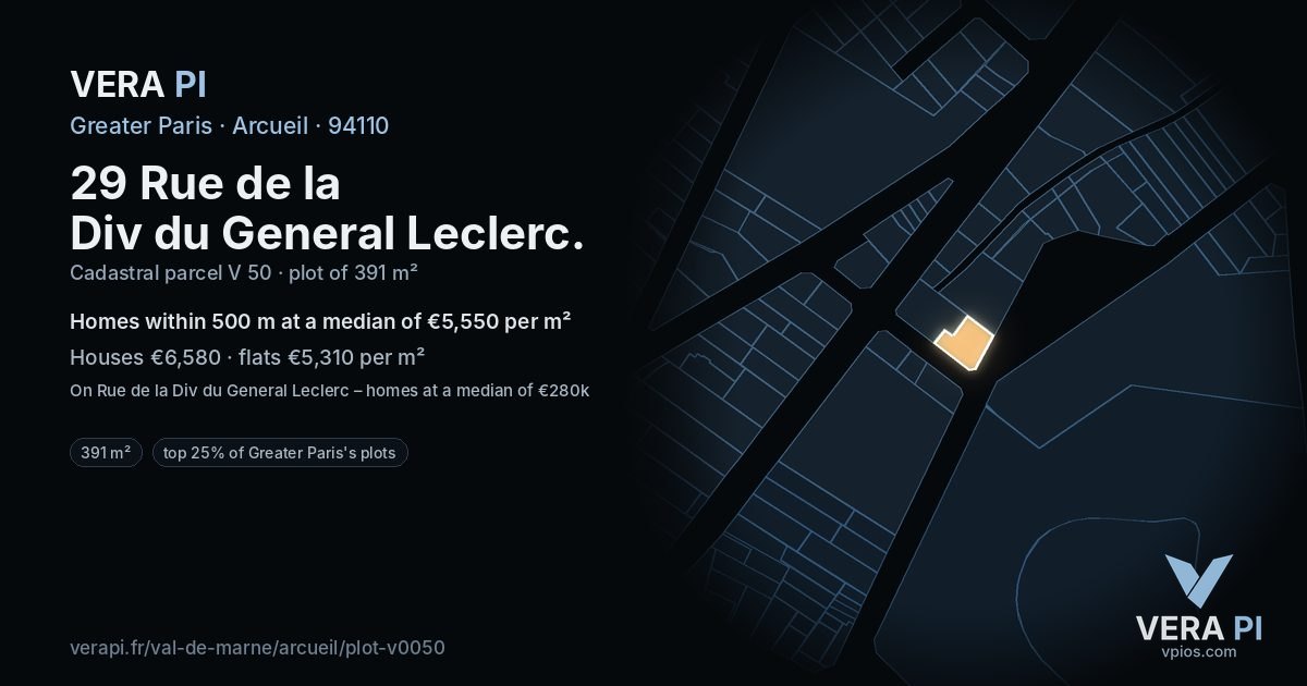 29 Rue de la Div du General Leclerc, Arcueil at night – the plot lit, the parcels around coloured by the prices near them