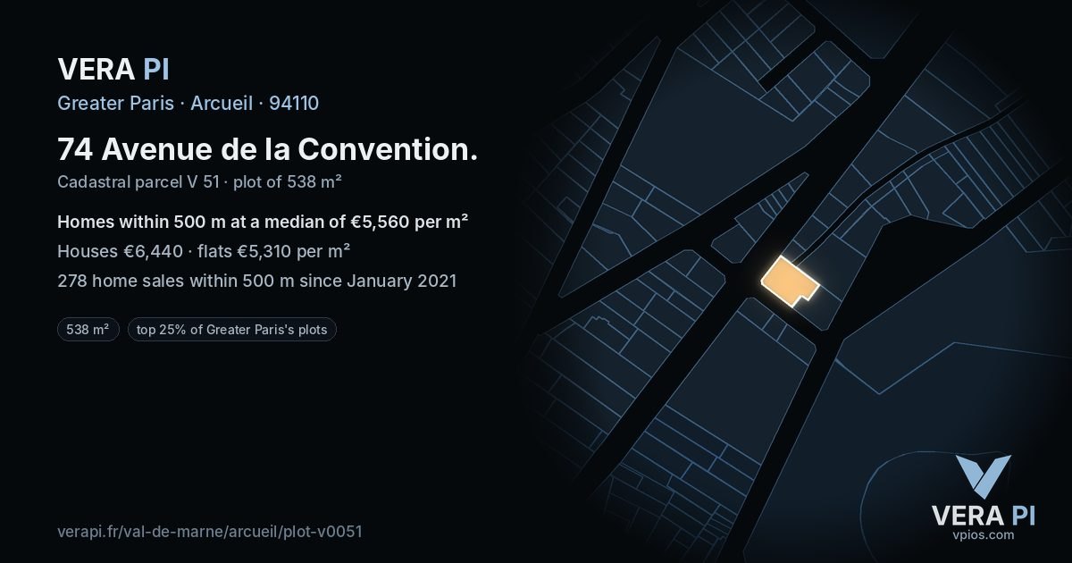 74 Avenue de la Convention, Arcueil at night – the plot lit, the parcels around coloured by the prices near them