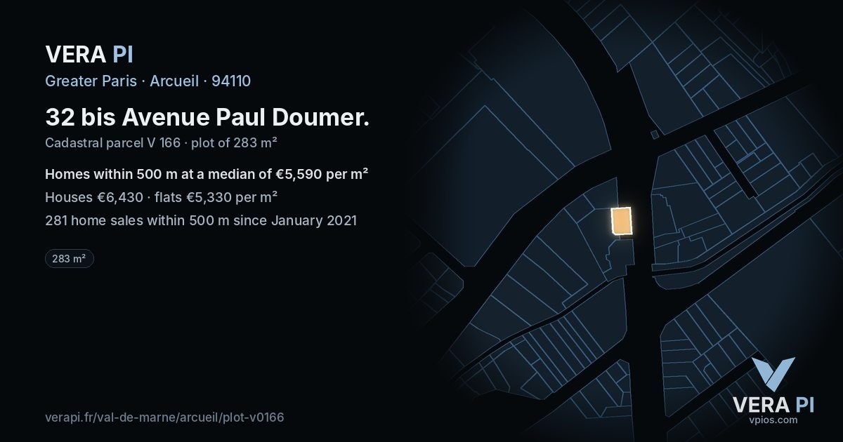 32 bis Avenue Paul Doumer, Arcueil at night – the plot lit, the parcels around coloured by the prices near them