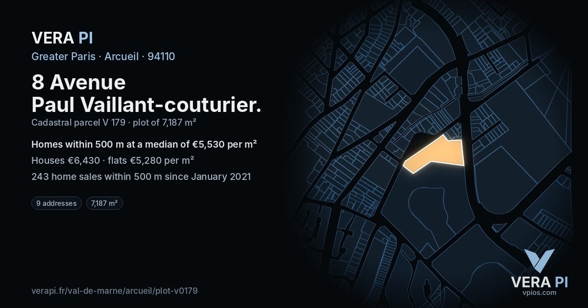 8 Avenue Paul Vaillant-couturier, Arcueil at night – the plot lit, the parcels around coloured by the prices near them