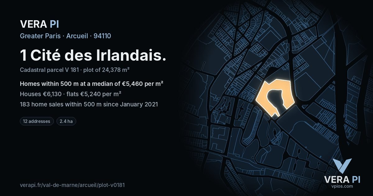 1 Cité des Irlandais, Arcueil at night – the plot lit, the parcels around coloured by the prices near them