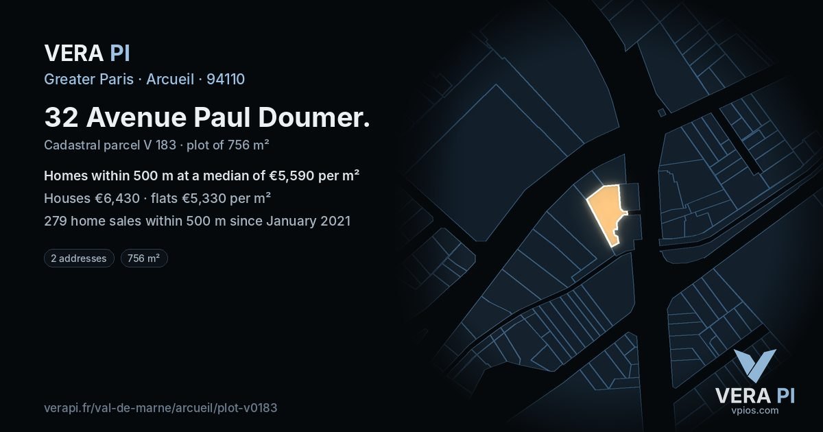 32 Avenue Paul Doumer, Arcueil at night – the plot lit, the parcels around coloured by the prices near them