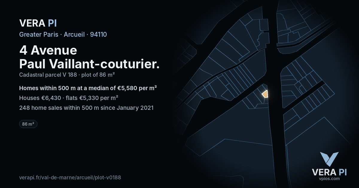 4 Avenue Paul Vaillant-couturier, Arcueil at night – the plot lit, the parcels around coloured by the prices near them