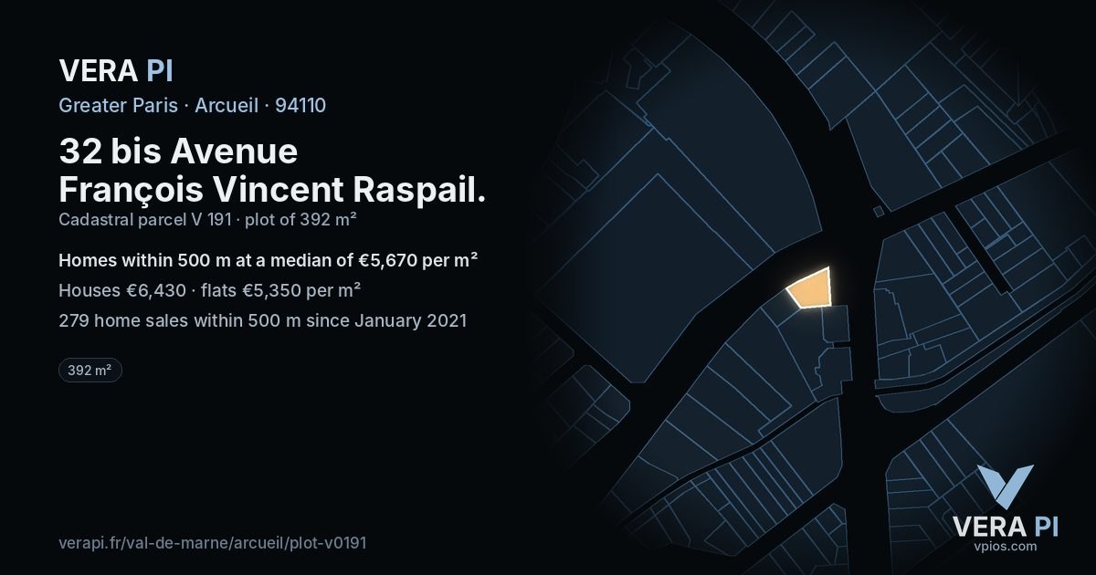 32 bis Avenue François Vincent Raspail, Arcueil at night – the plot lit, the parcels around coloured by the prices near them