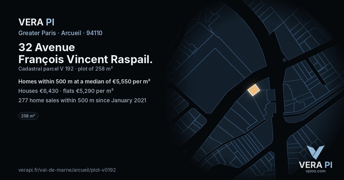 32 Avenue François Vincent Raspail, Arcueil at night – the plot lit, the parcels around coloured by the prices near them