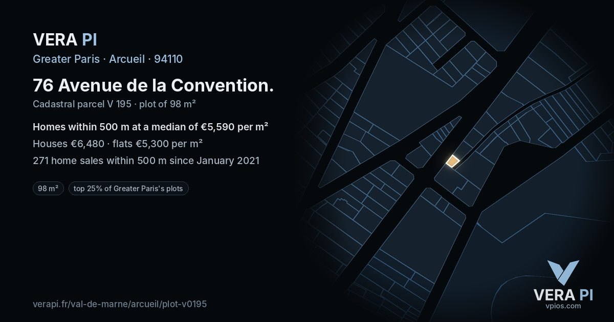 76 Avenue de la Convention, Arcueil at night – the plot lit, the parcels around coloured by the prices near them