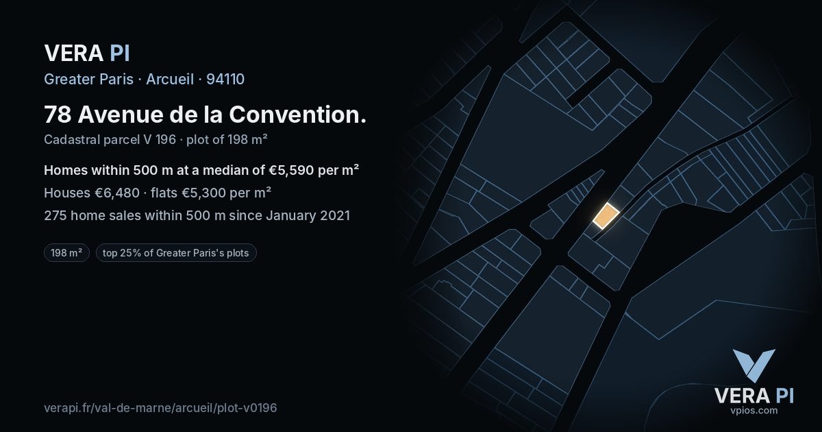 78 Avenue de la Convention, Arcueil at night – the plot lit, the parcels around coloured by the prices near them