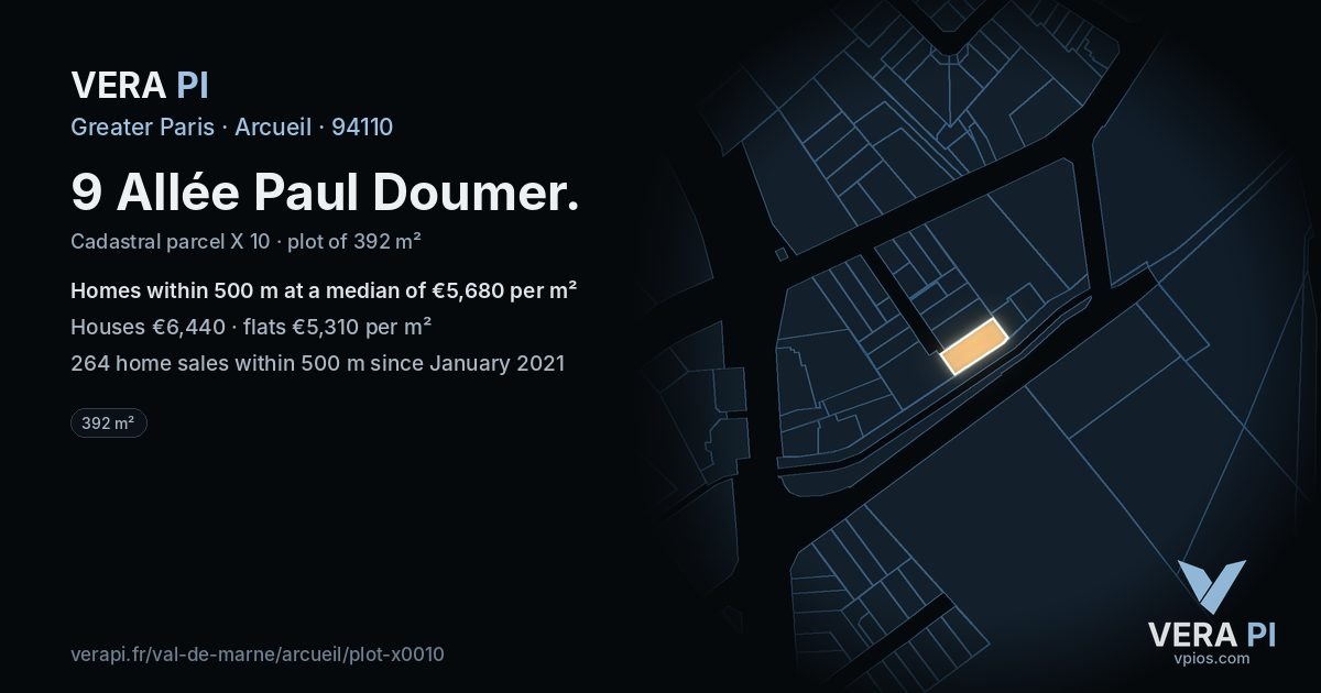 9 Allée Paul Doumer, Arcueil at night – the plot lit, the parcels around coloured by the prices near them