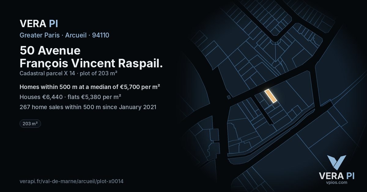 50 Avenue François Vincent Raspail, Arcueil at night – the plot lit, the parcels around coloured by the prices near them