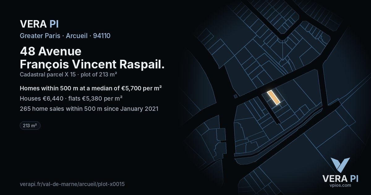 48 Avenue François Vincent Raspail, Arcueil at night – the plot lit, the parcels around coloured by the prices near them