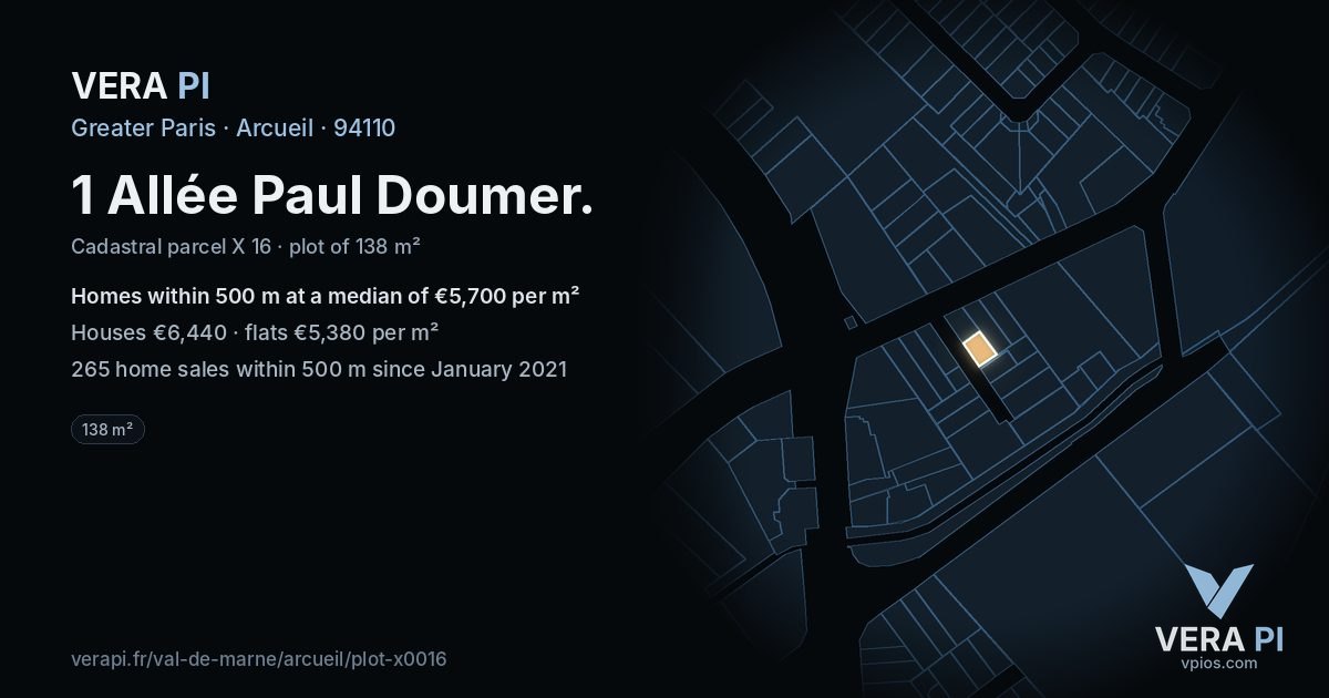 1 Allée Paul Doumer, Arcueil at night – the plot lit, the parcels around coloured by the prices near them