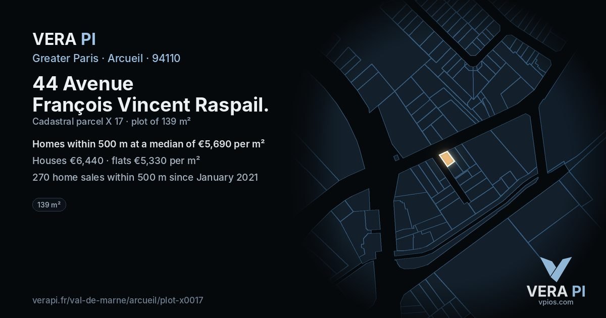 44 Avenue François Vincent Raspail, Arcueil at night – the plot lit, the parcels around coloured by the prices near them