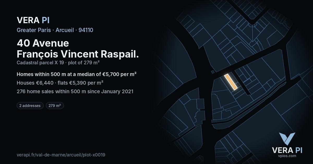 40 Avenue François Vincent Raspail, Arcueil at night – the plot lit, the parcels around coloured by the prices near them