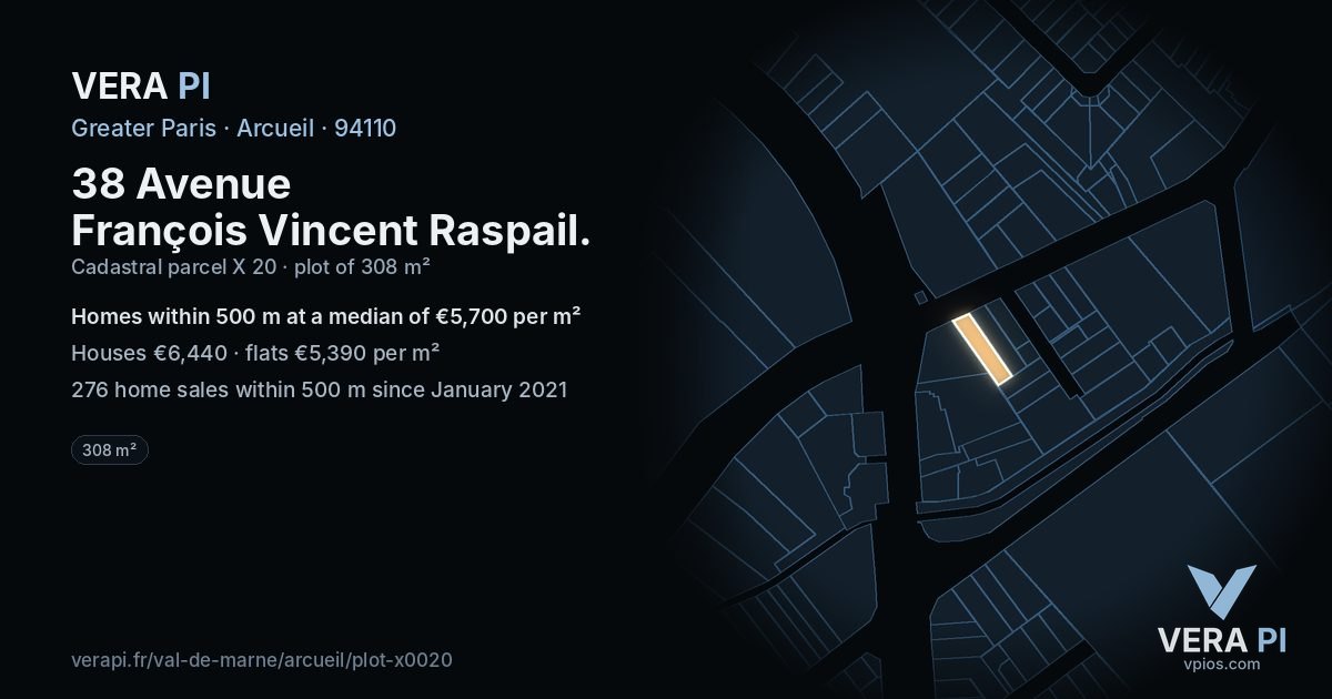 38 Avenue François Vincent Raspail, Arcueil at night – the plot lit, the parcels around coloured by the prices near them