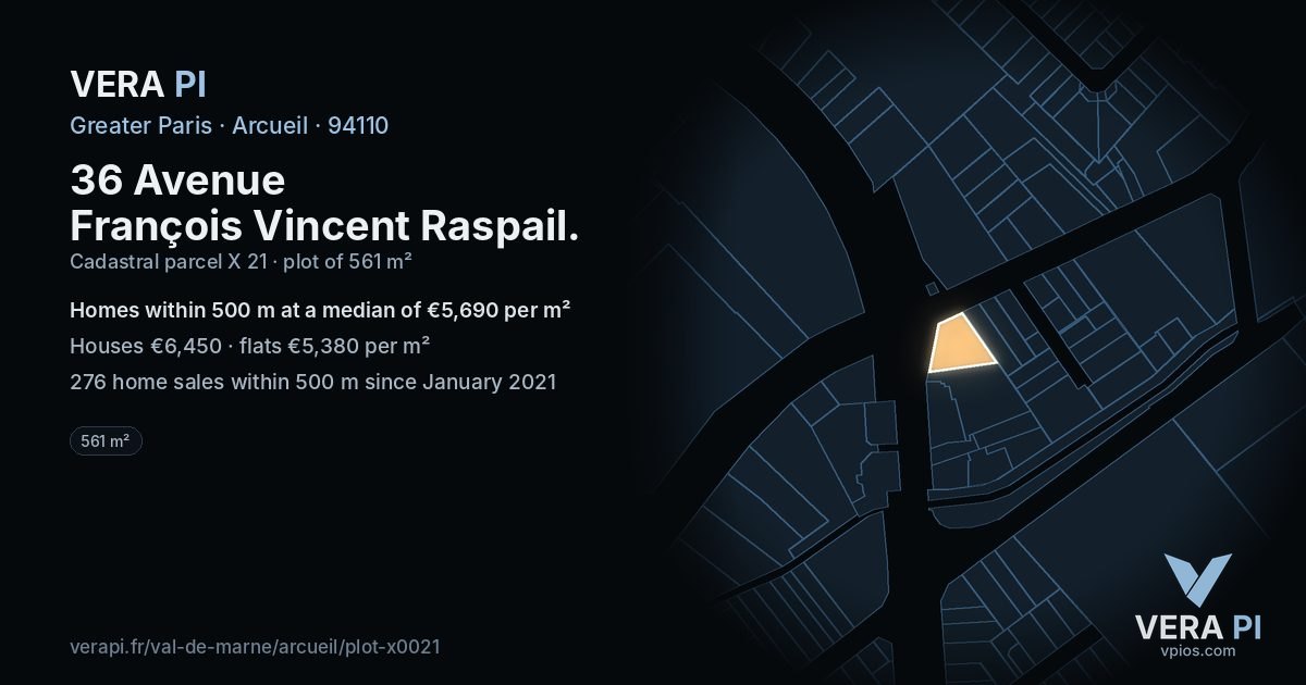 36 Avenue François Vincent Raspail, Arcueil at night – the plot lit, the parcels around coloured by the prices near them