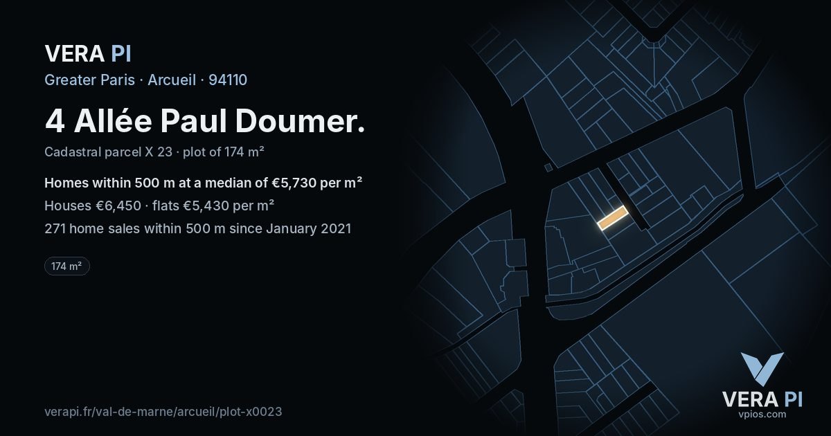 4 Allée Paul Doumer, Arcueil at night – the plot lit, the parcels around coloured by the prices near them