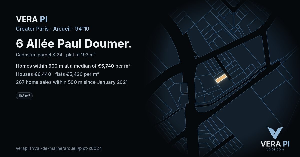 6 Allée Paul Doumer, Arcueil at night – the plot lit, the parcels around coloured by the prices near them