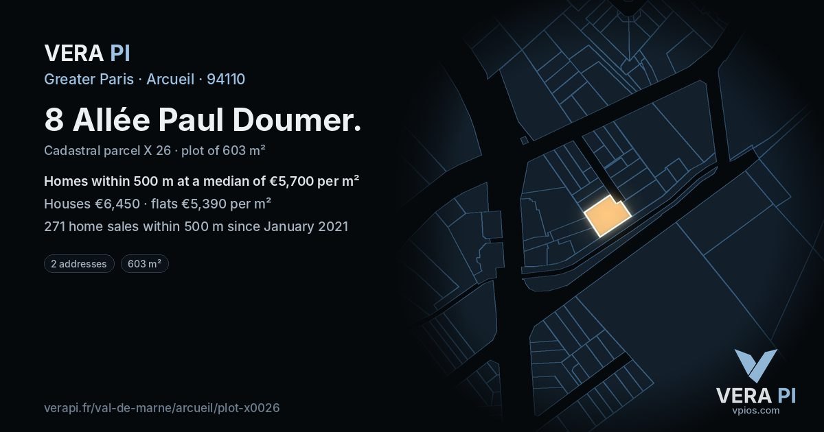 8 Allée Paul Doumer, Arcueil at night – the plot lit, the parcels around coloured by the prices near them