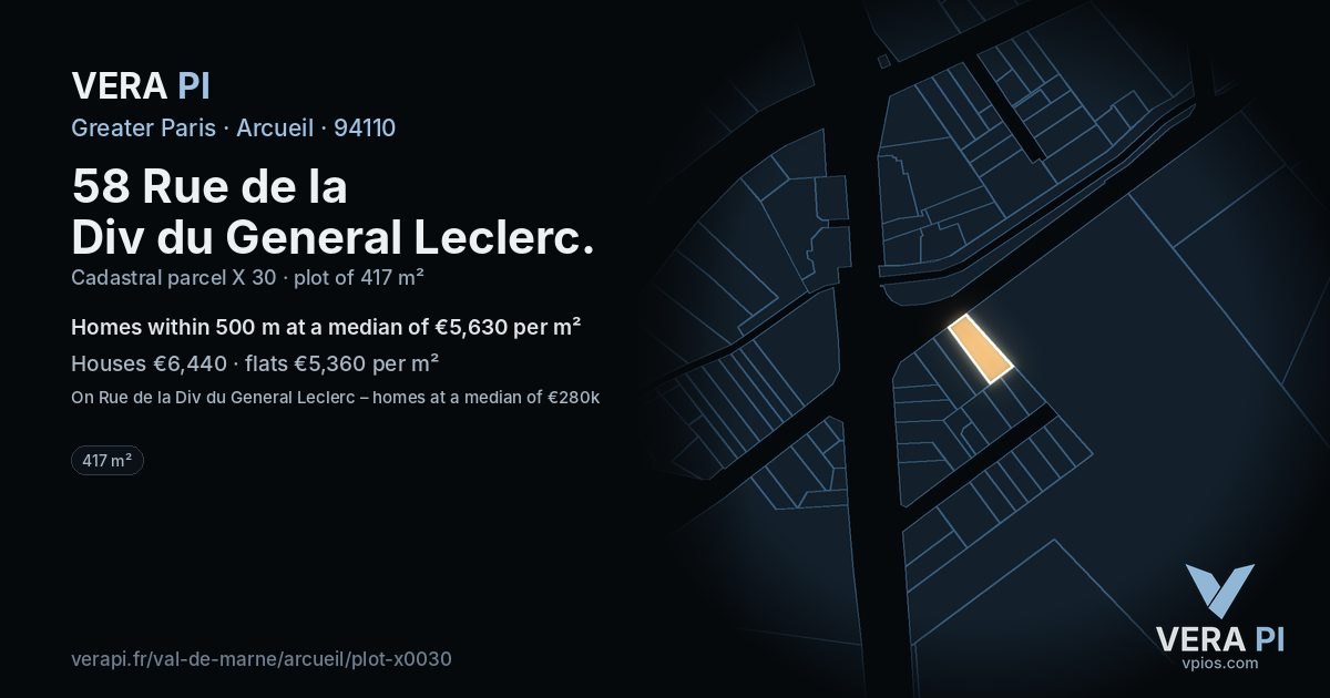 58 Rue de la Div du General Leclerc, Arcueil at night – the plot lit, the parcels around coloured by the prices near them