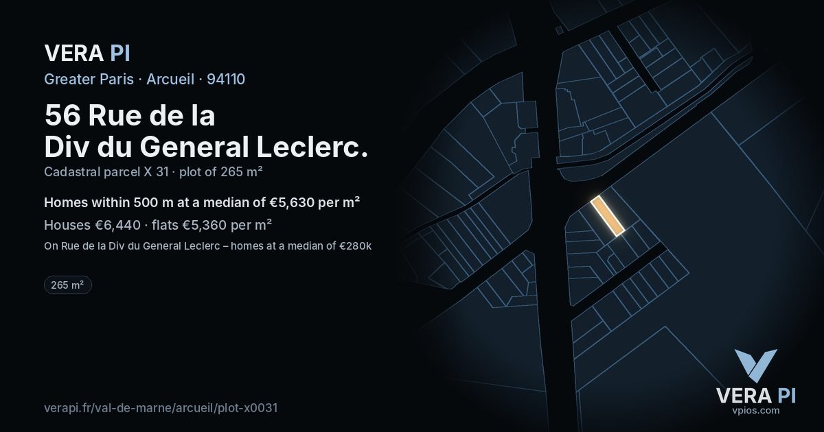 56 Rue de la Div du General Leclerc, Arcueil at night – the plot lit, the parcels around coloured by the prices near them