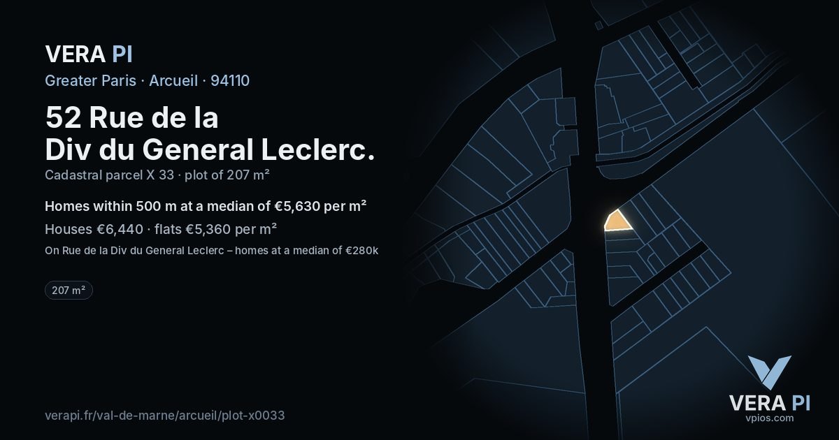 52 Rue de la Div du General Leclerc, Arcueil at night – the plot lit, the parcels around coloured by the prices near them