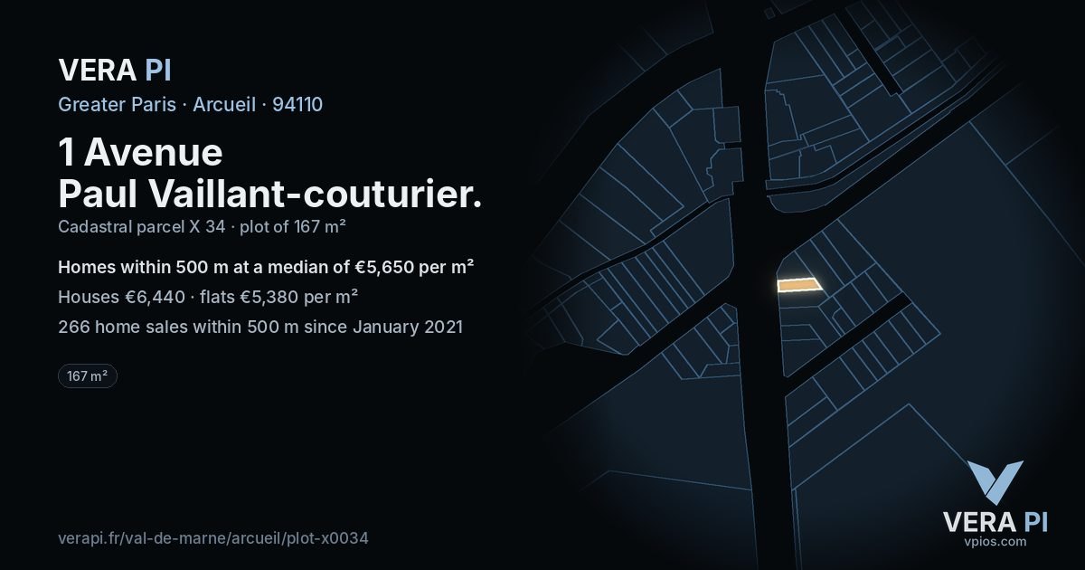 1 Avenue Paul Vaillant-couturier, Arcueil at night – the plot lit, the parcels around coloured by the prices near them