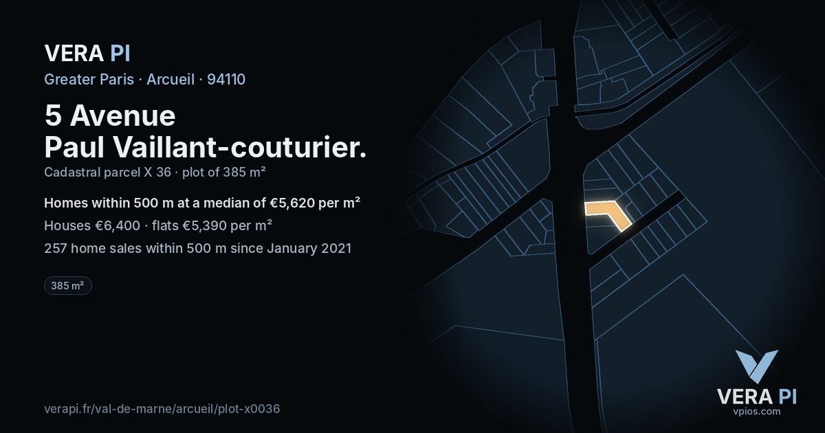 5 Avenue Paul Vaillant-couturier, Arcueil at night – the plot lit, the parcels around coloured by the prices near them