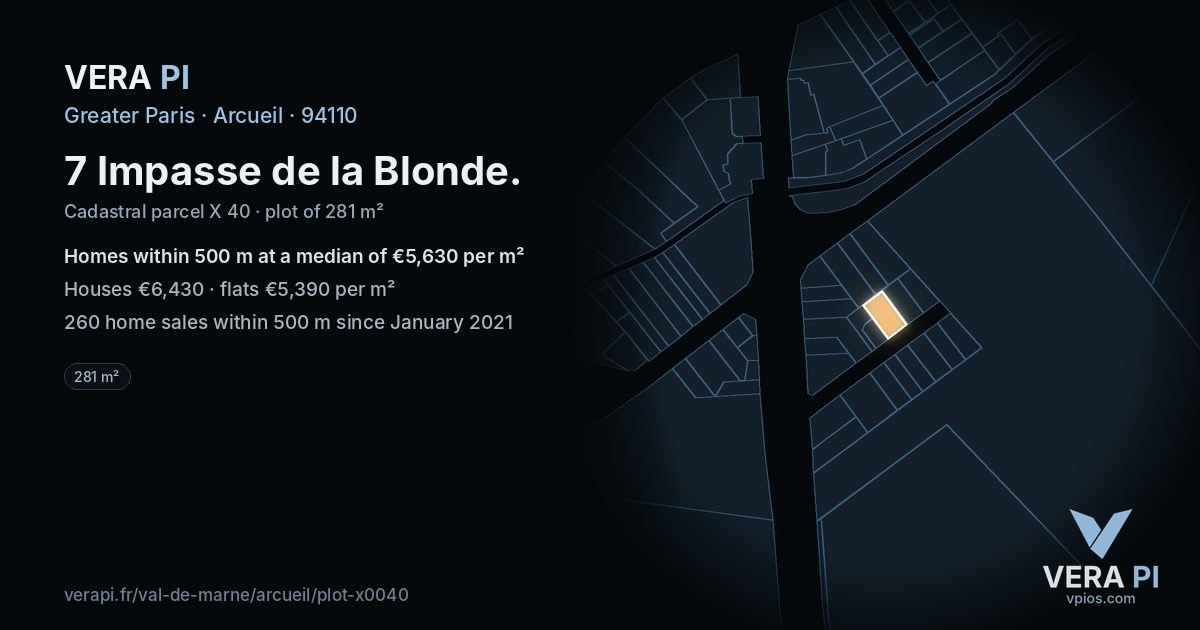 7 Impasse de la Blonde, Arcueil at night – the plot lit, the parcels around coloured by the prices near them