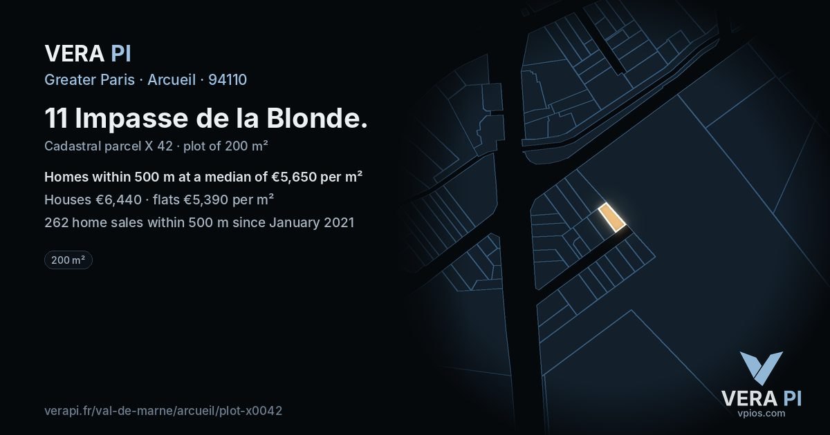 11 Impasse de la Blonde, Arcueil at night – the plot lit, the parcels around coloured by the prices near them