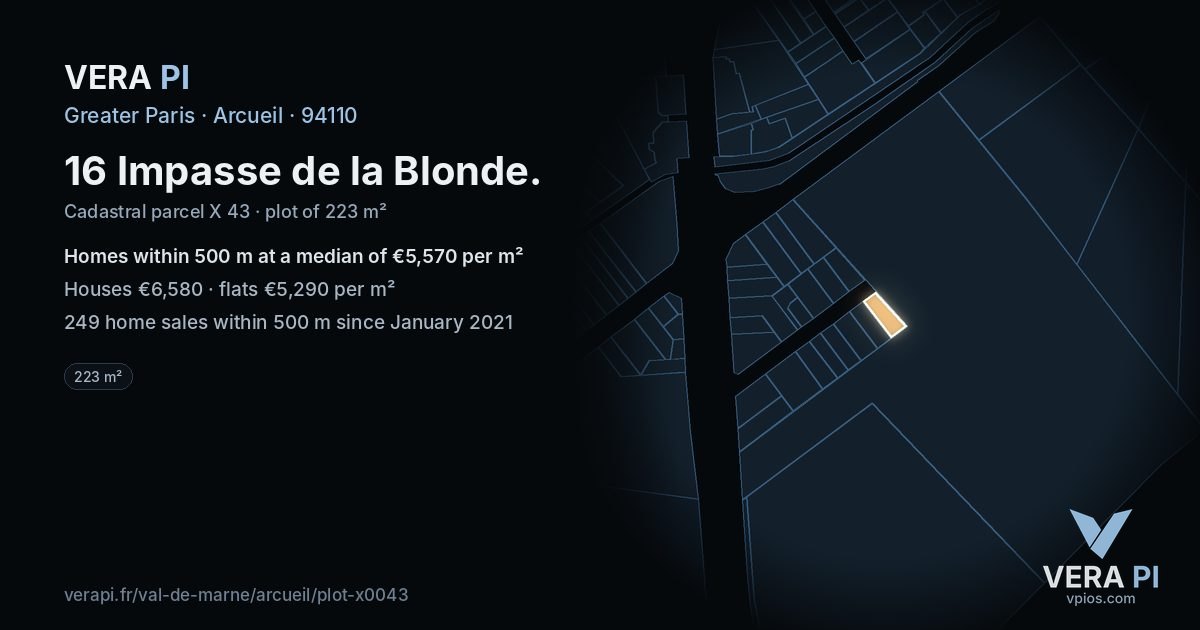 16 Impasse de la Blonde, Arcueil at night – the plot lit, the parcels around coloured by the prices near them