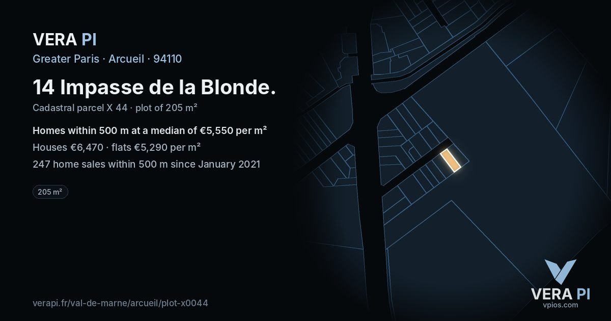 14 Impasse de la Blonde, Arcueil at night – the plot lit, the parcels around coloured by the prices near them