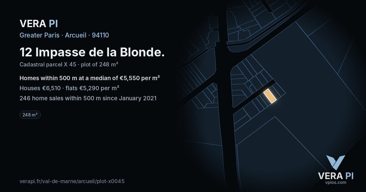 12 Impasse de la Blonde, Arcueil at night – the plot lit, the parcels around coloured by the prices near them