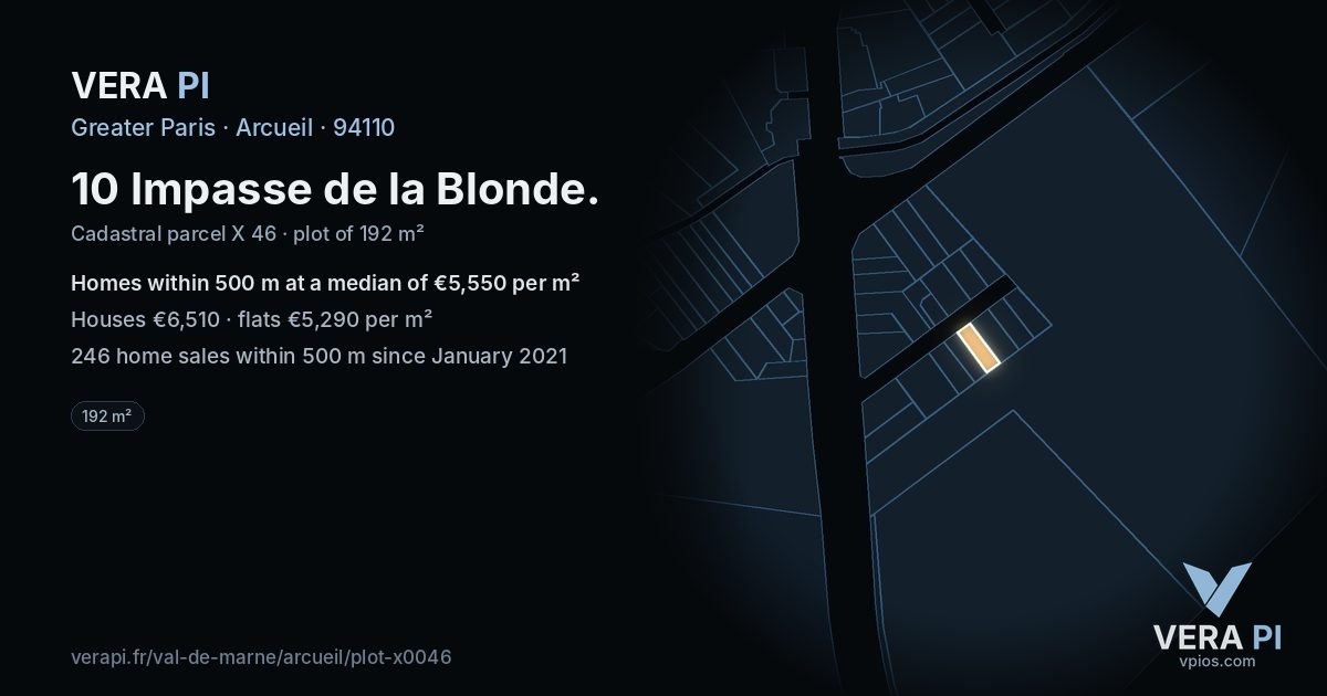 10 Impasse de la Blonde, Arcueil at night – the plot lit, the parcels around coloured by the prices near them