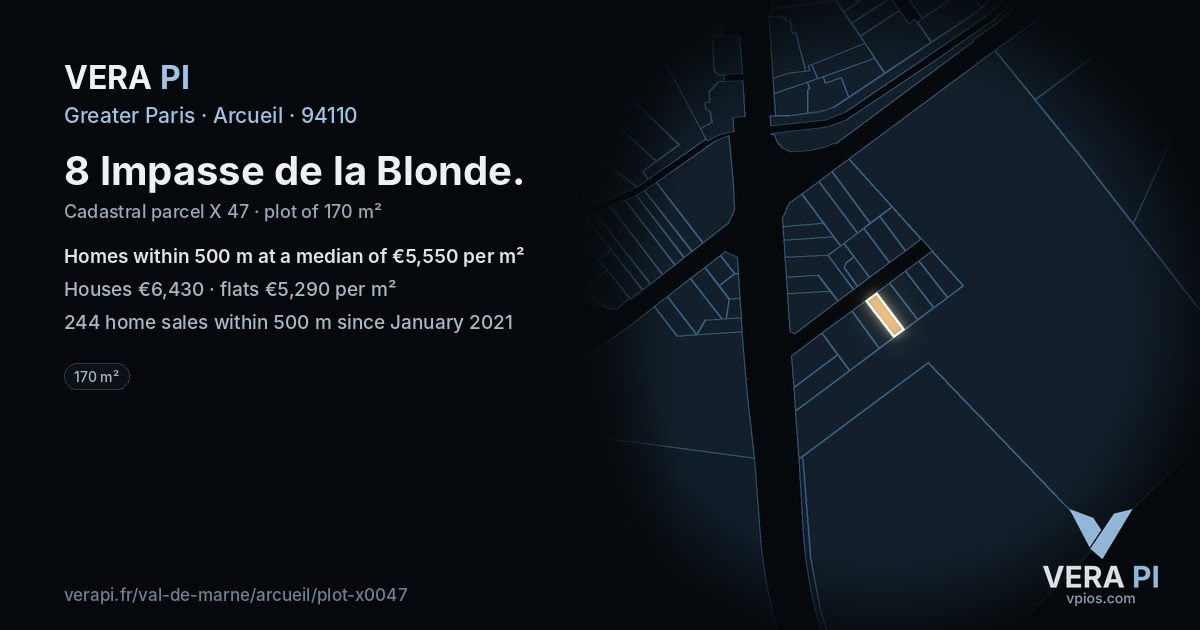 8 Impasse de la Blonde, Arcueil at night – the plot lit, the parcels around coloured by the prices near them