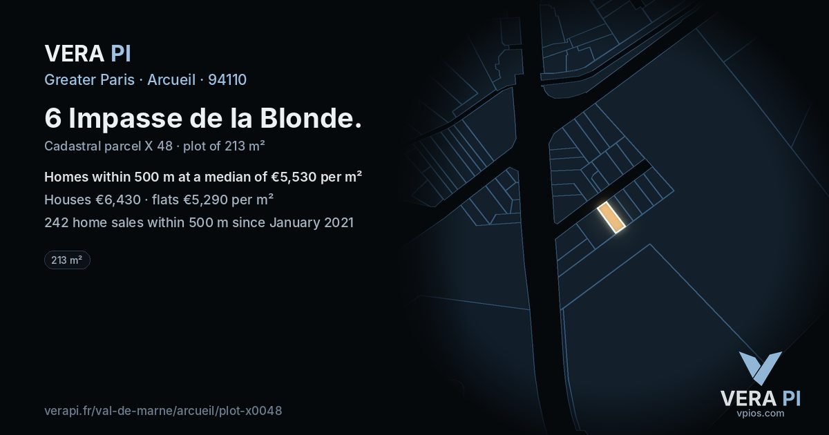 6 Impasse de la Blonde, Arcueil at night – the plot lit, the parcels around coloured by the prices near them
