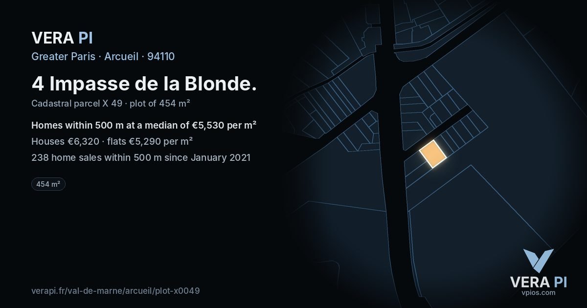4 Impasse de la Blonde, Arcueil at night – the plot lit, the parcels around coloured by the prices near them