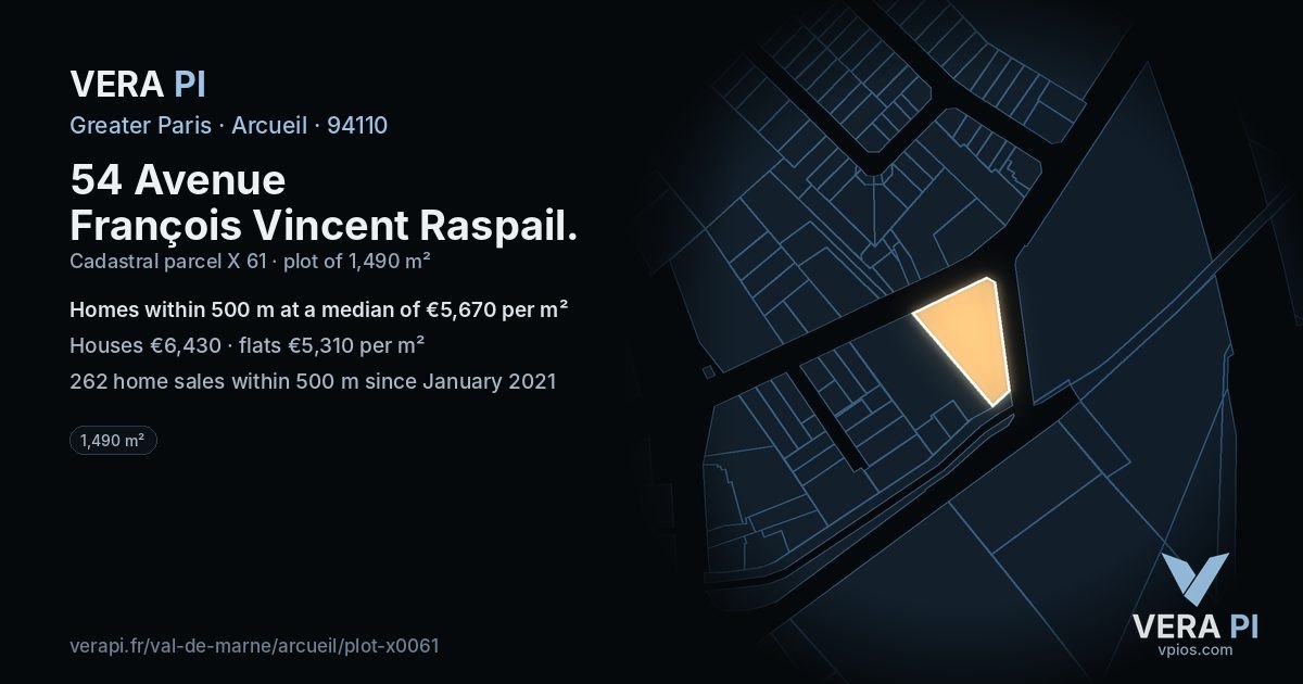 54 Avenue François Vincent Raspail, Arcueil at night – the plot lit, the parcels around coloured by the prices near them