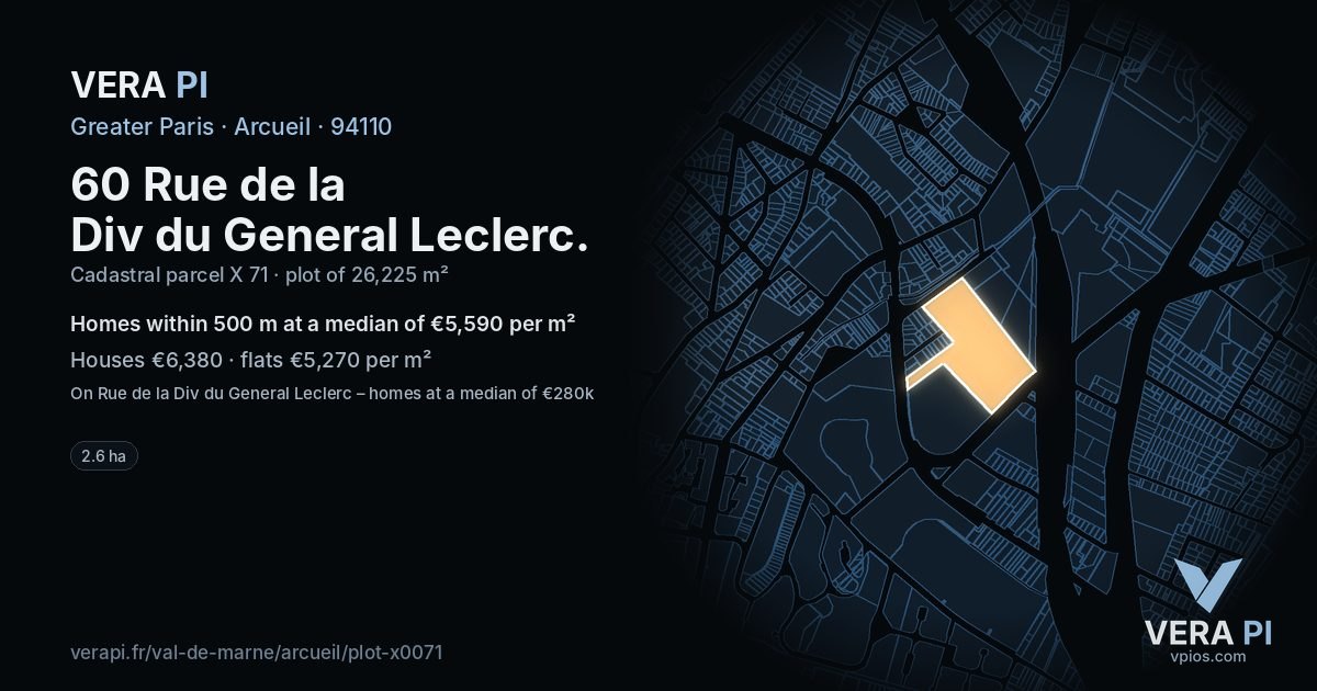 60 Rue de la Div du General Leclerc, Arcueil at night – the plot lit, the parcels around coloured by the prices near them