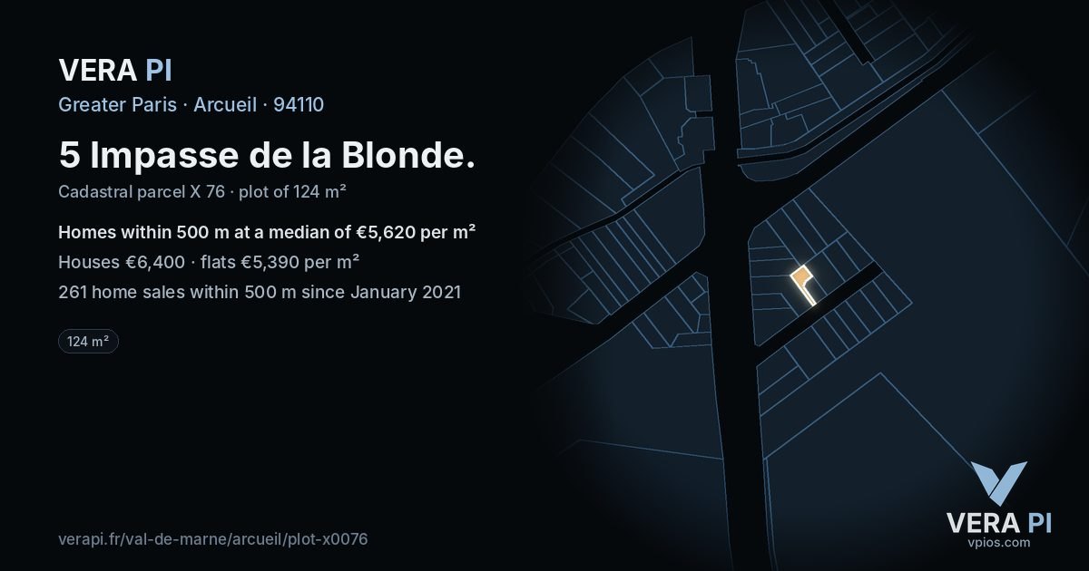 5 Impasse de la Blonde, Arcueil at night – the plot lit, the parcels around coloured by the prices near them