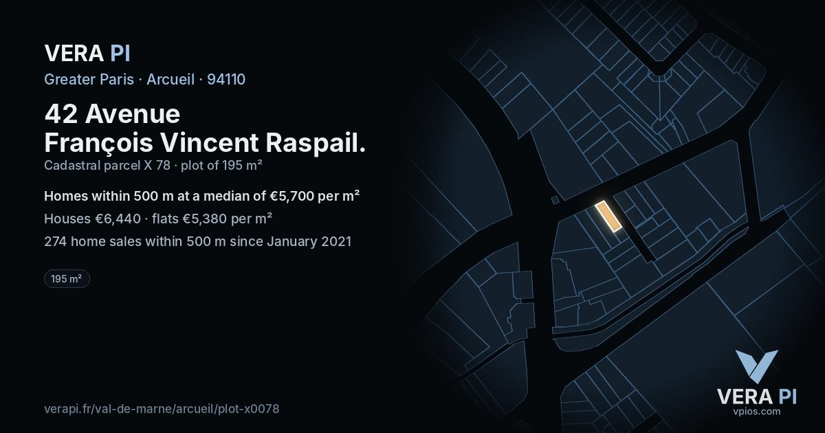 42 Avenue François Vincent Raspail, Arcueil at night – the plot lit, the parcels around coloured by the prices near them