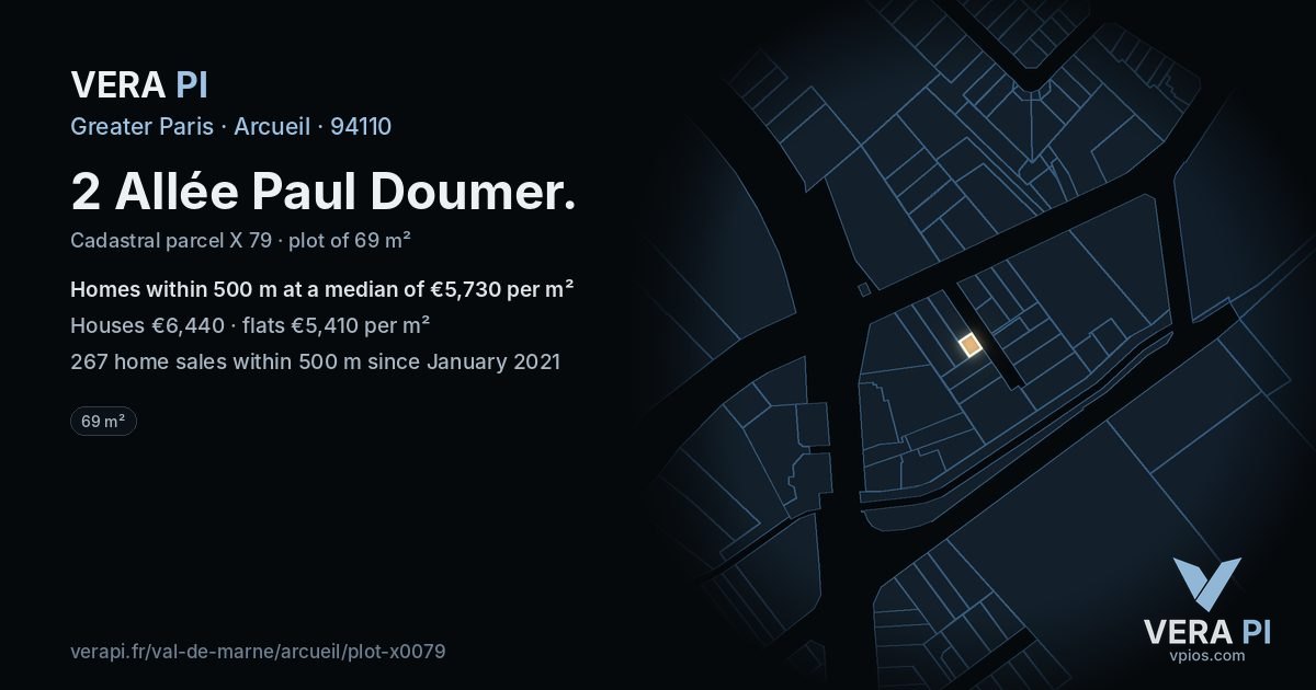2 Allée Paul Doumer, Arcueil at night – the plot lit, the parcels around coloured by the prices near them