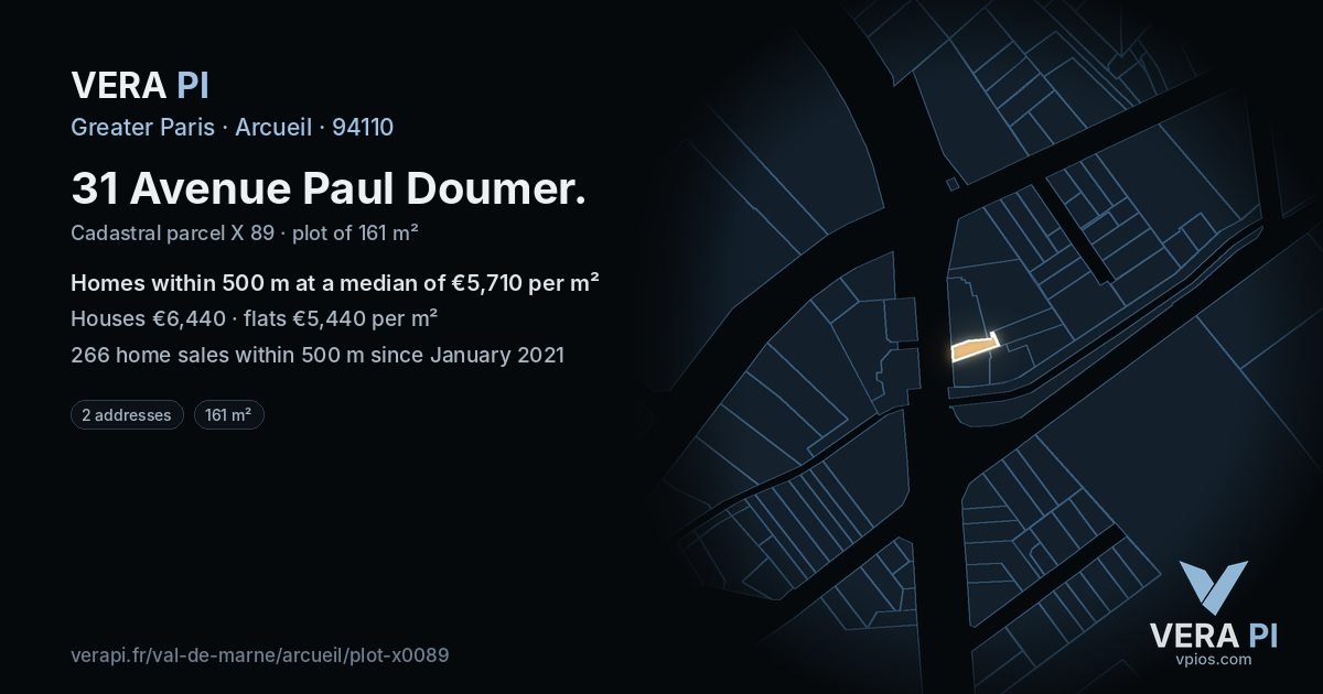 31 Avenue Paul Doumer, Arcueil at night – the plot lit, the parcels around coloured by the prices near them