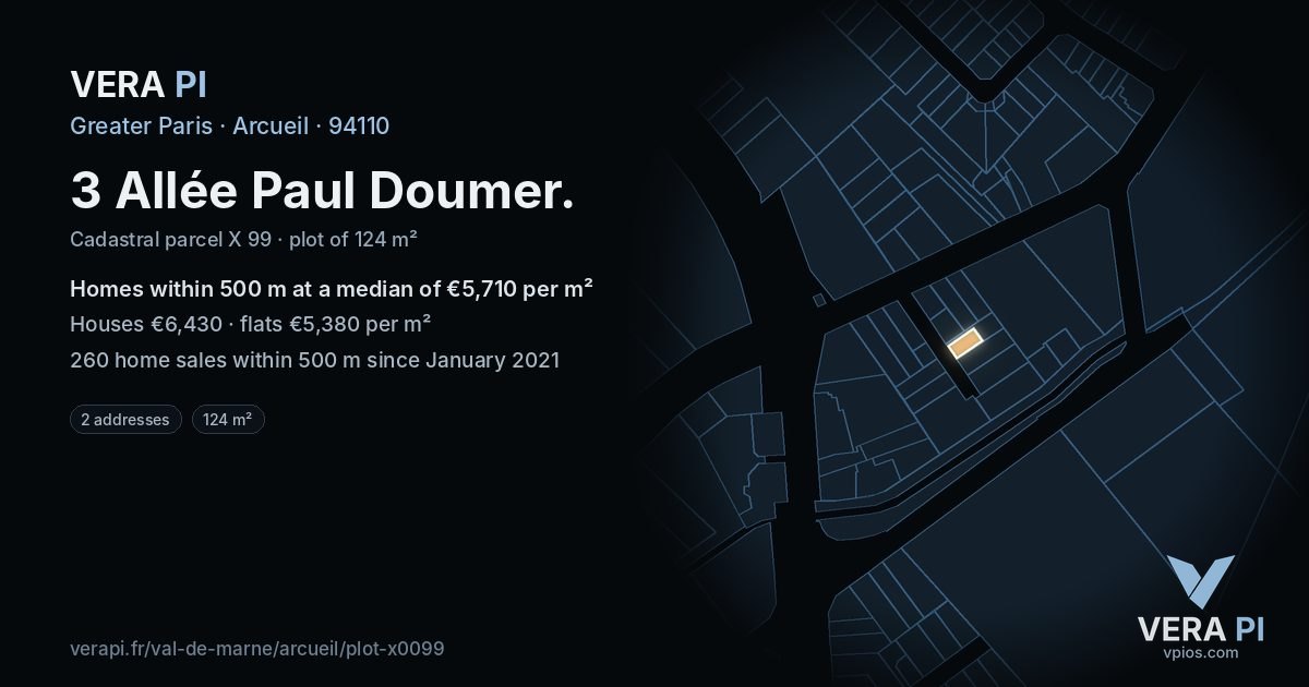 3 Allée Paul Doumer, Arcueil at night – the plot lit, the parcels around coloured by the prices near them