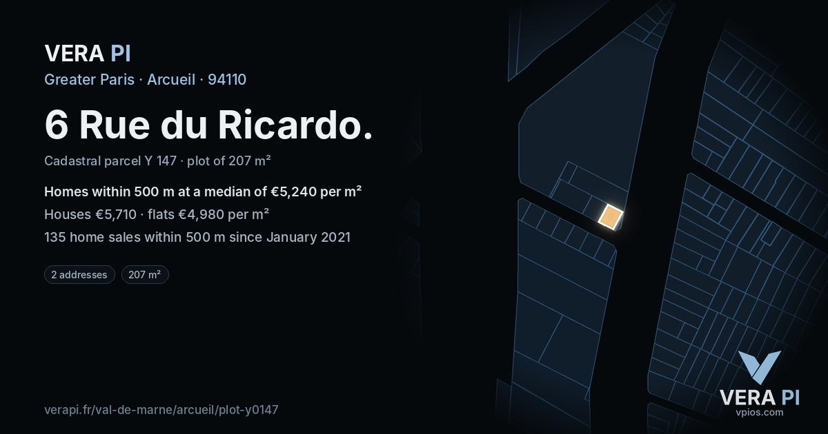 6 Rue du Ricardo, Arcueil at night – the plot lit, the parcels around coloured by the prices near them