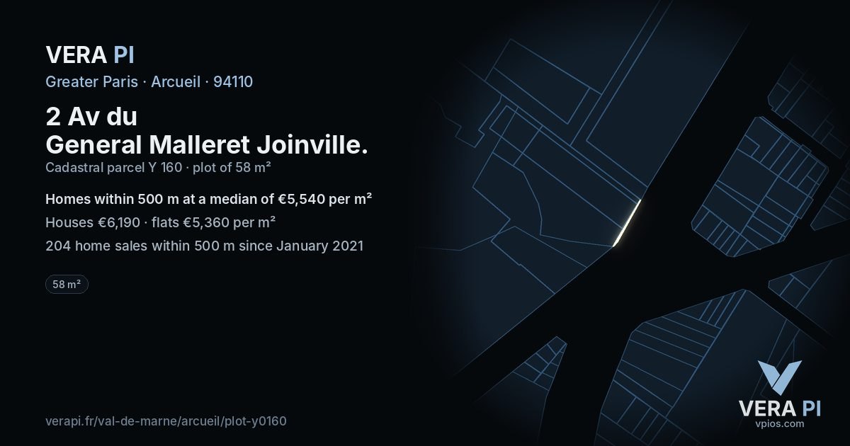 2 Av du General Malleret Joinville, Arcueil at night – the plot lit, the parcels around coloured by the prices near them