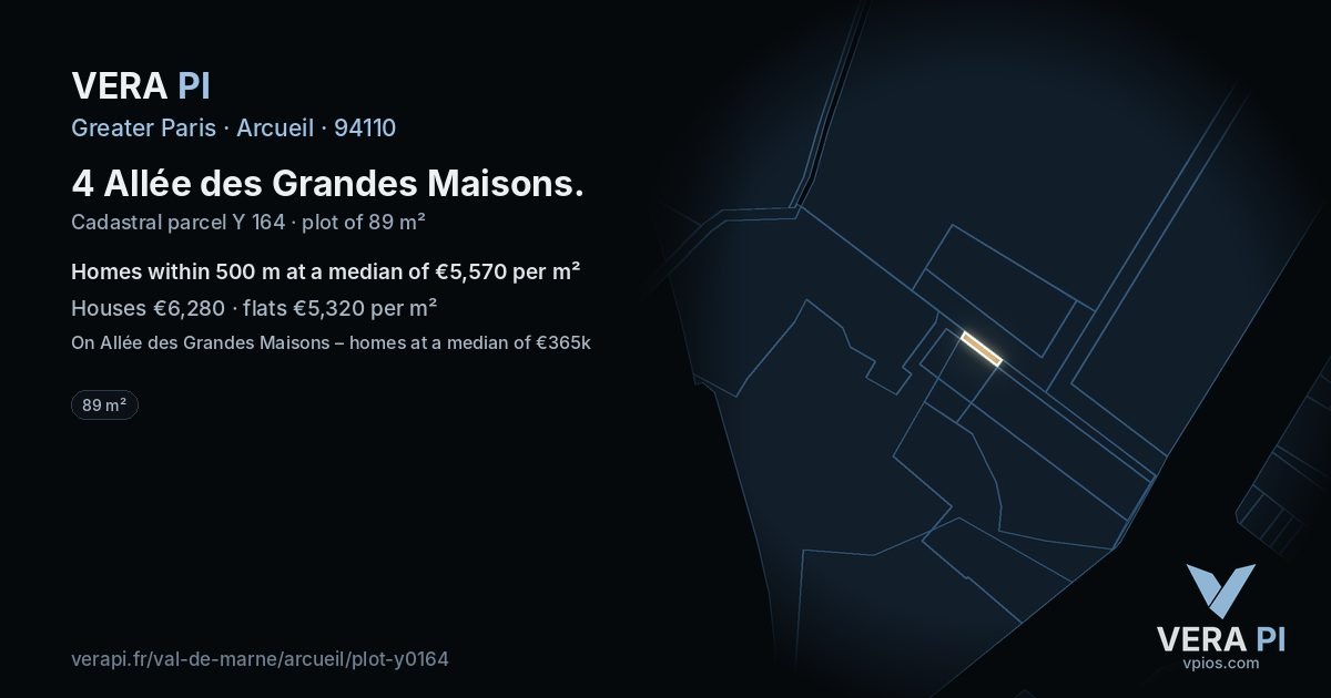 4 Allée des Grandes Maisons, Arcueil at night – the plot lit, the parcels around coloured by the prices near them
