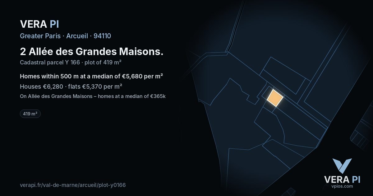 2 Allée des Grandes Maisons, Arcueil at night – the plot lit, the parcels around coloured by the prices near them